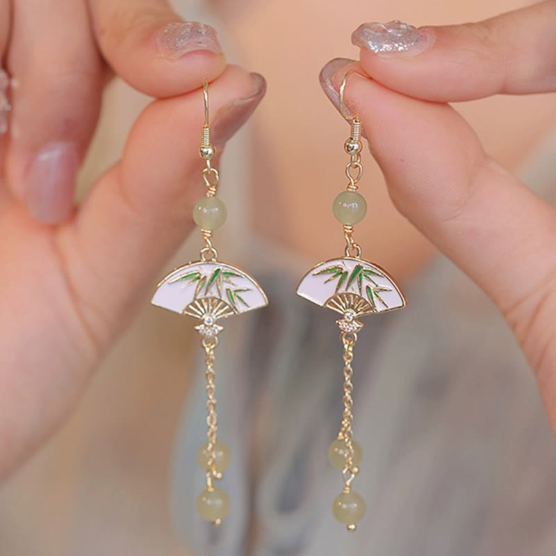 14K Gold Filled Copper Jade Fan Bamboo Abundance Earrings - Image 8