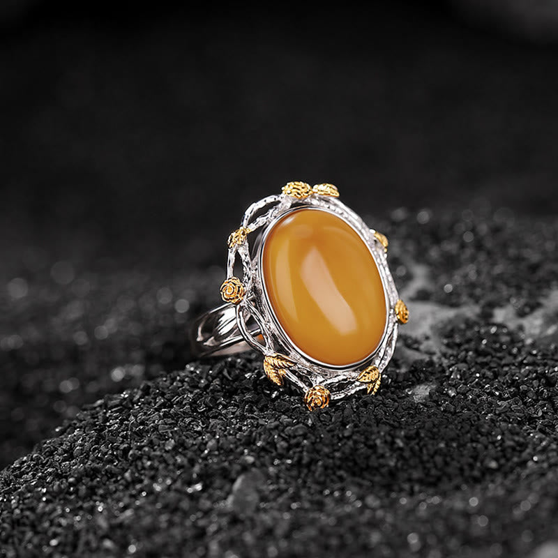 990 Sterling Silver Plated Gold Amber Focus Adjustable Ring