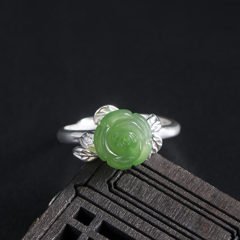 925 Sterling Silver Jade Green Rose Luck Adjustable Ring