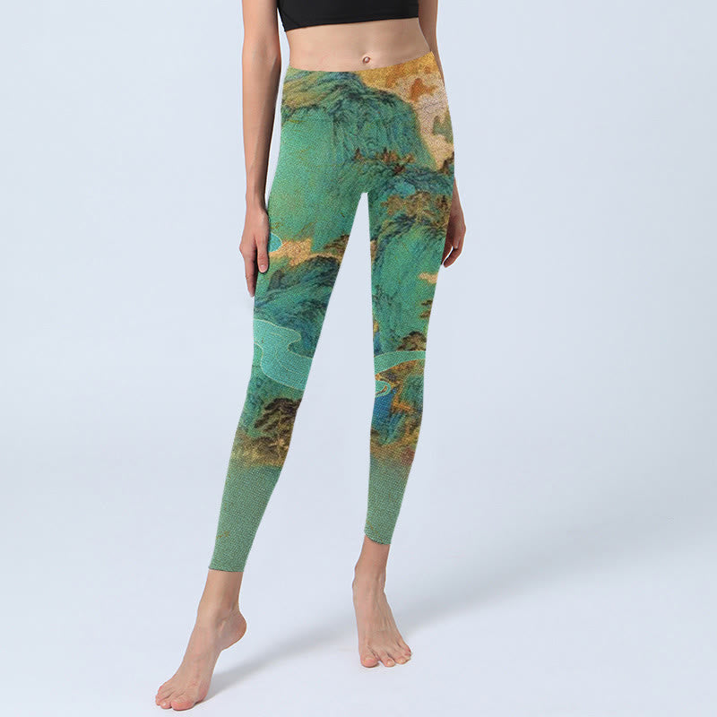 Chinese Style Green Mountains Landscape Print Lycra Fabric Fitness Leggings Women's Yoga Pants - Image 6