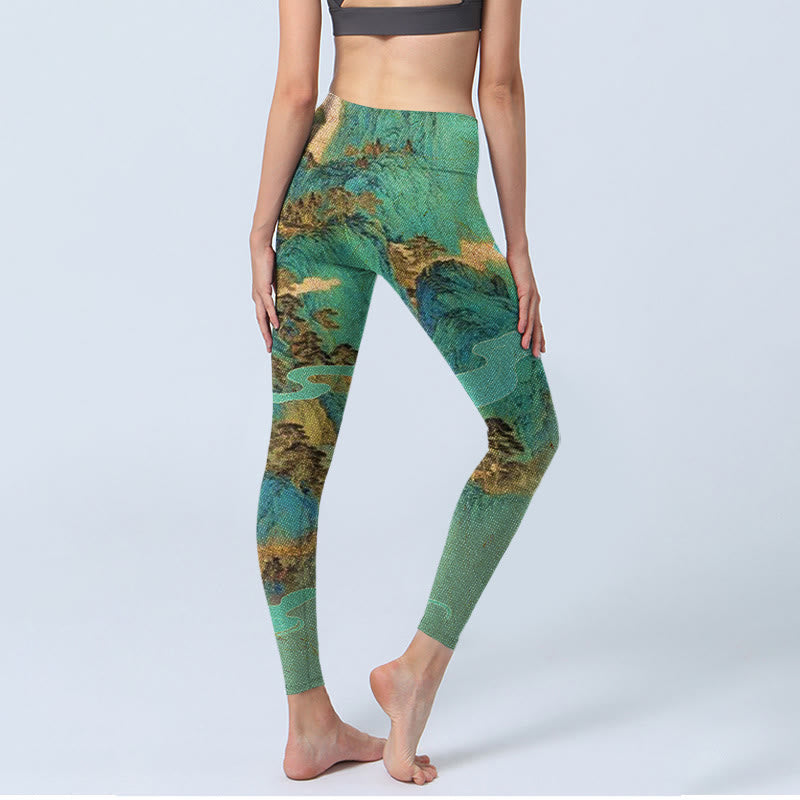 Chinese Style Green Mountains Landscape Print Lycra Fabric Fitness Leggings Women's Yoga Pants - Image 4