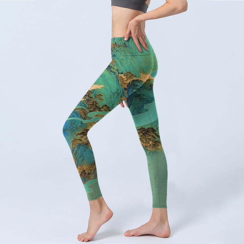 Chinese Style Green Mountains Landscape Print Lycra Fabric Fitness Leggings Women's Yoga Pants - Image 3