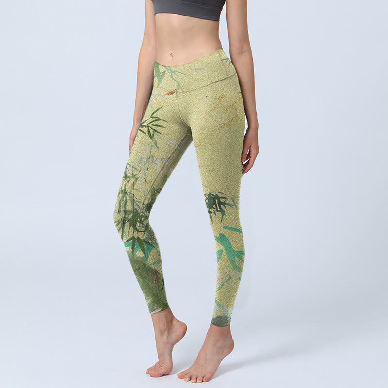 Bamboo Print Lycra Fabric Fitness Leggings Women's Yoga Pants