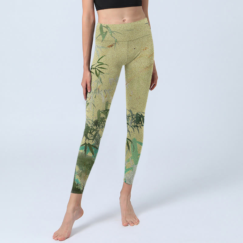 Bamboo Print Lycra Fabric Fitness Leggings Women's Yoga Pants - Image 6