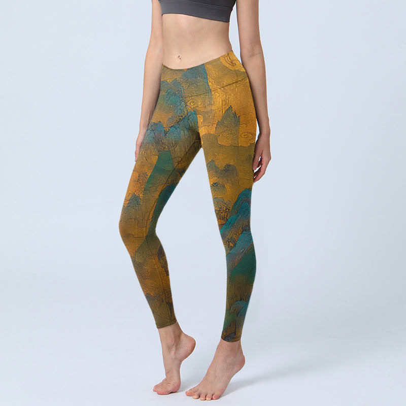 Dark Goldenrod Mountain Print Fitness Leggings Women's Yoga Pants