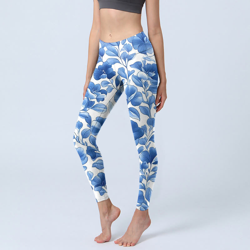 Blue Flowers Print Fitness Leggings Women's Yoga Pants