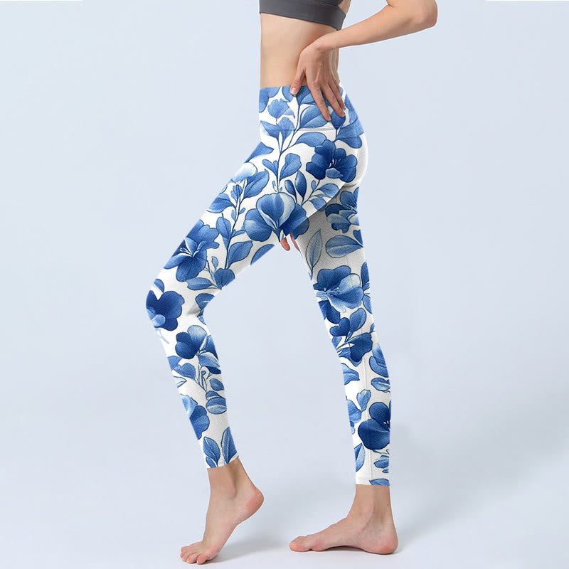 Blue Flowers Print Fitness Leggings Women's Yoga Pants - Image 3