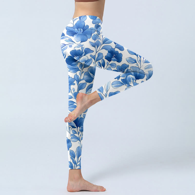 Blue Flowers Print Fitness Leggings Women's Yoga Pants - Image 4
