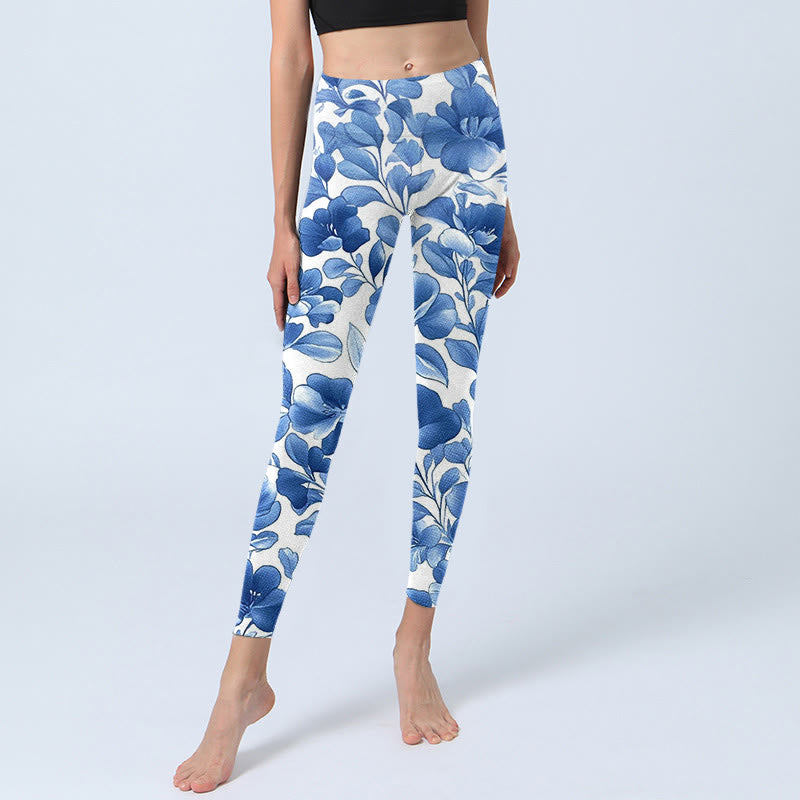 Blue Flowers Print Fitness Leggings Women's Yoga Pants - Image 6