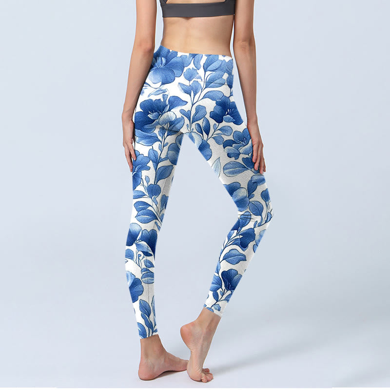 Blue Flowers Print Fitness Leggings Women's Yoga Pants - Image 5