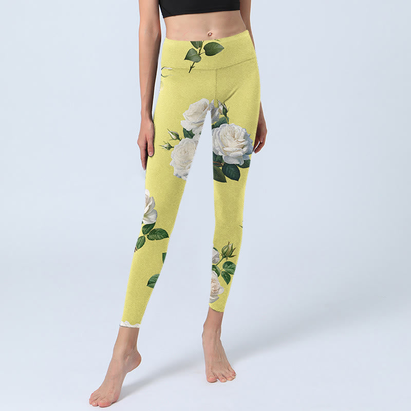 Yellow White Rose Print Sports Leggings Women's Yoga Pants - Image 6