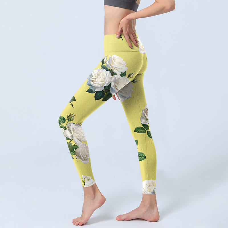 Yellow White Rose Print Sports Leggings Women's Yoga Pants - Image 3