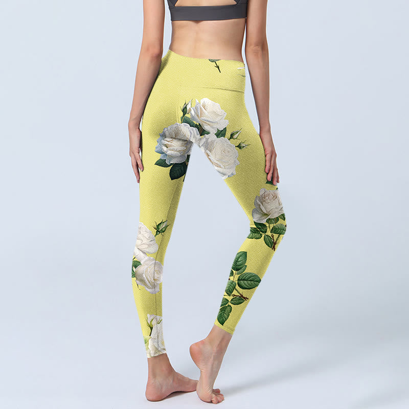 Yellow White Rose Print Sports Leggings Women's Yoga Pants - Image 5