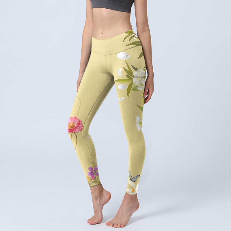 Flowers Plants Butterfly Print Fitness Leggings Women's Yoga Pants