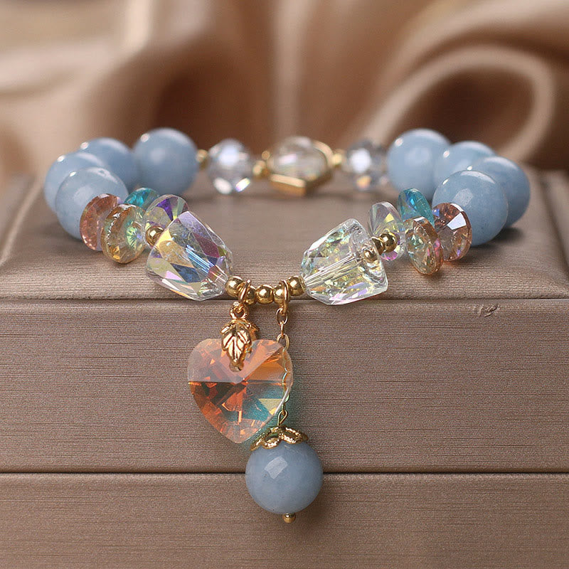 Aquamarine Green Crystal Love Heart Charm Healing Bracelet