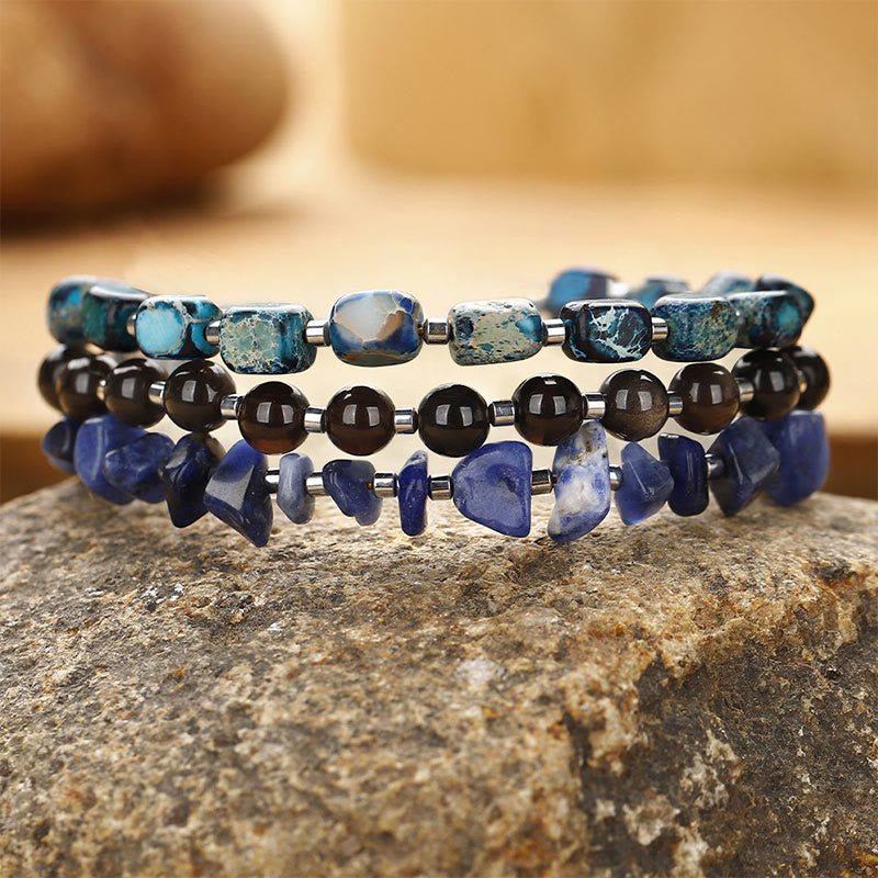 Emperor Stone Sodalite Gold Sheen Obsidian Balance Triple Wrap Bracelet