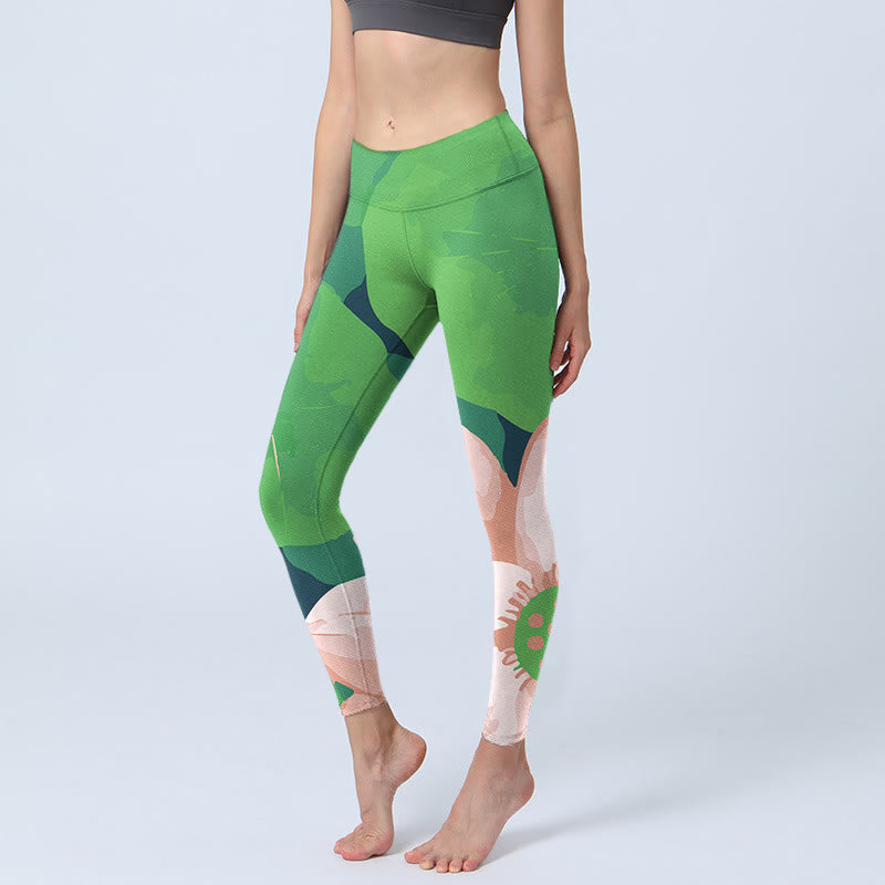 Green Lotus Flower Leaf Print Sports Fitness Leggings Women's Yoga Pants