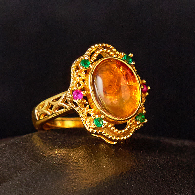 Flower Amber Hollow Lace Confidence Adjustable Ring