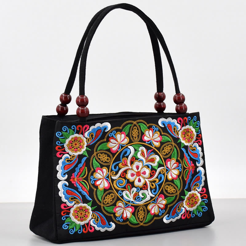 Galsang Inula Flower Peony Peacock Double-Sided Embroidery Canvas Shopping Purse Handbag