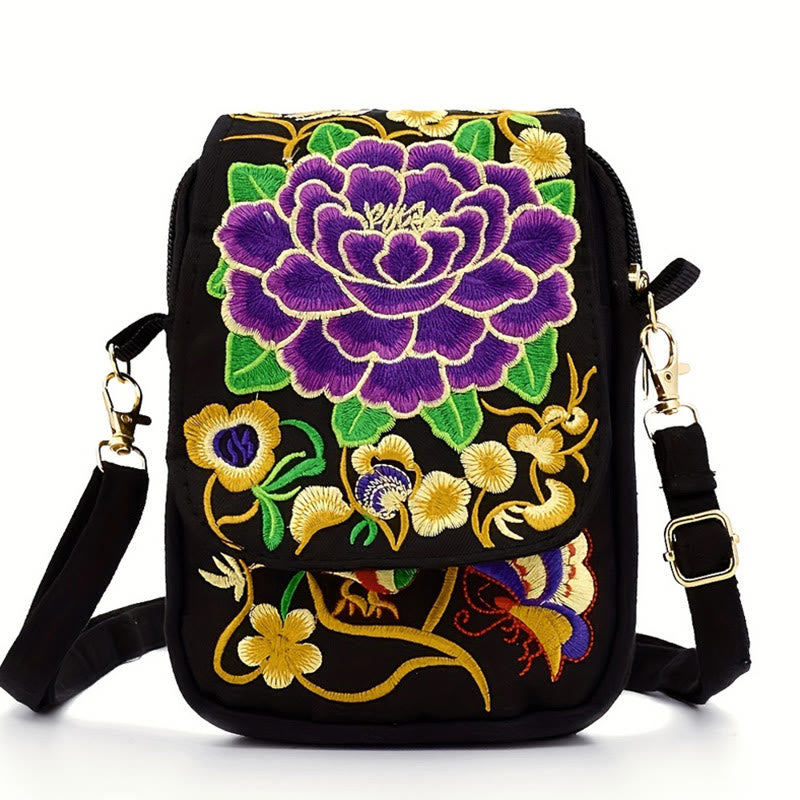 Inula Flower Peony Embroidery Canvas Shopping Purse Handbag Crossbody Bag
