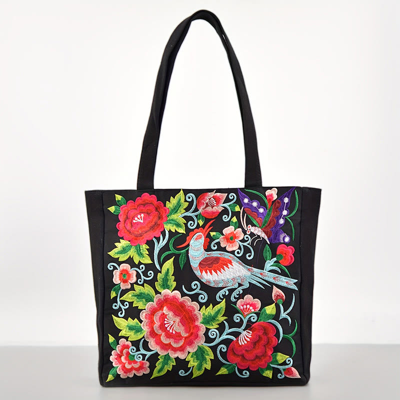 Galsang Magpie Peony Camellia Chrysanthemum Embroidery Canvas Shopping Purse Handbag Shoulder Bag