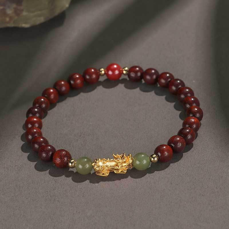999 Sterling Silver Sandalwood Ebony Wood Small Leaf Red Sandalwood Hetian Jade Cinnabar PiXiu Wealth Bracelet - Image 10