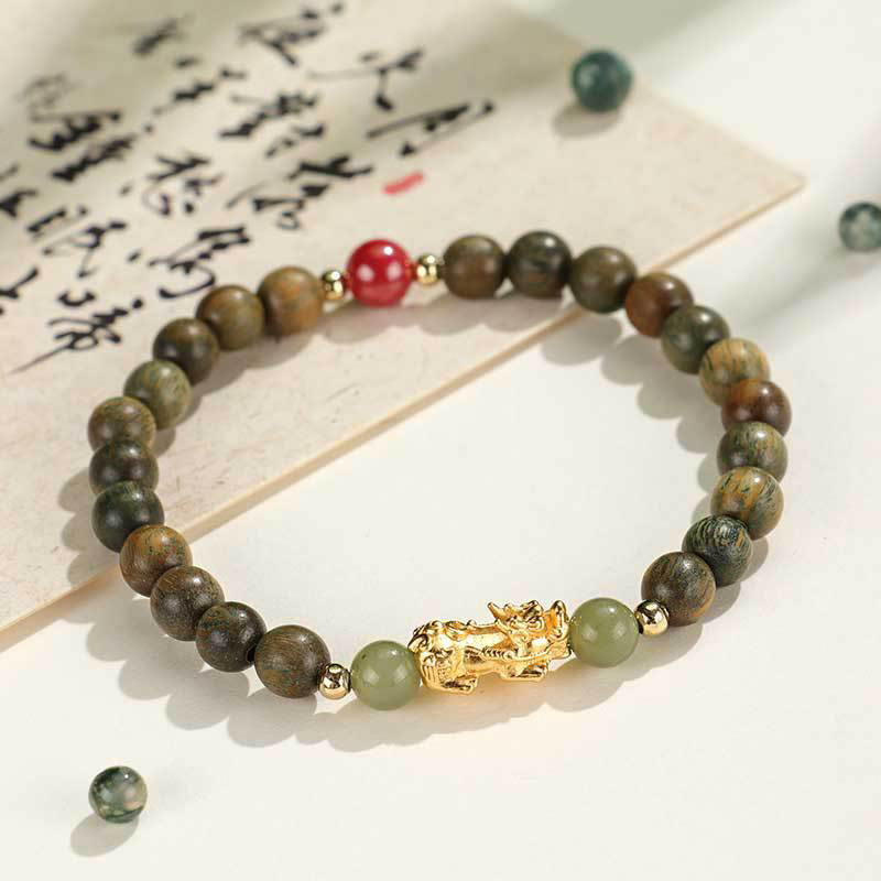 999 Sterling Silver Sandalwood Ebony Wood Small Leaf Red Sandalwood Hetian Jade Cinnabar PiXiu Wealth Bracelet - Image 15