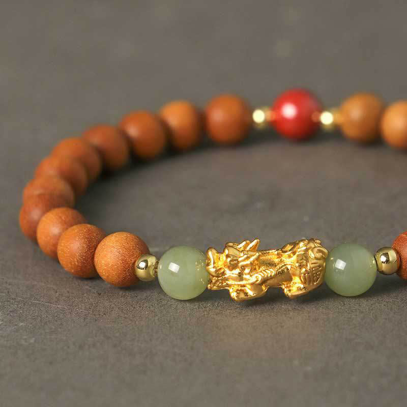 999 Sterling Silver Sandalwood Ebony Wood Small Leaf Red Sandalwood Hetian Jade Cinnabar PiXiu Wealth Bracelet - Image 3