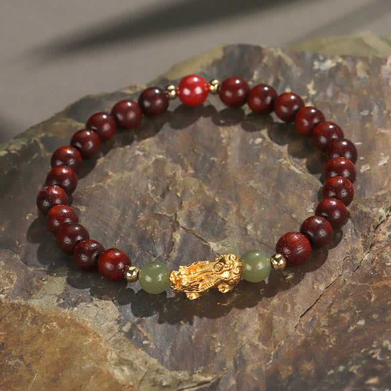 999 Sterling Silver Sandalwood Ebony Wood Small Leaf Red Sandalwood Hetian Jade Cinnabar PiXiu Wealth Bracelet - Image 9