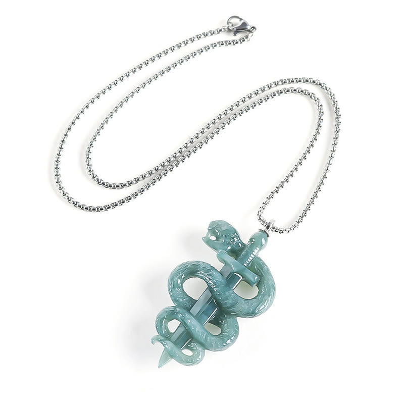925 Sterling Silver Natural Jade Year Of The Snake Sword Luck Necklace Pendant - Image 3
