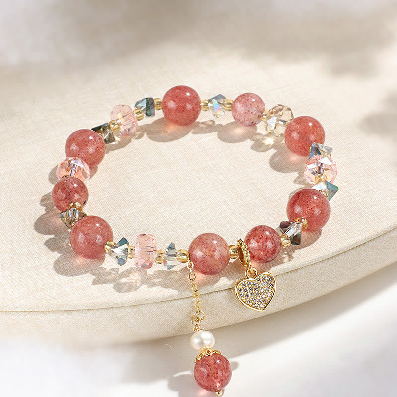 Strawberry Quartz White Crystal Pearl Liuli Heart Healing Bracelet
