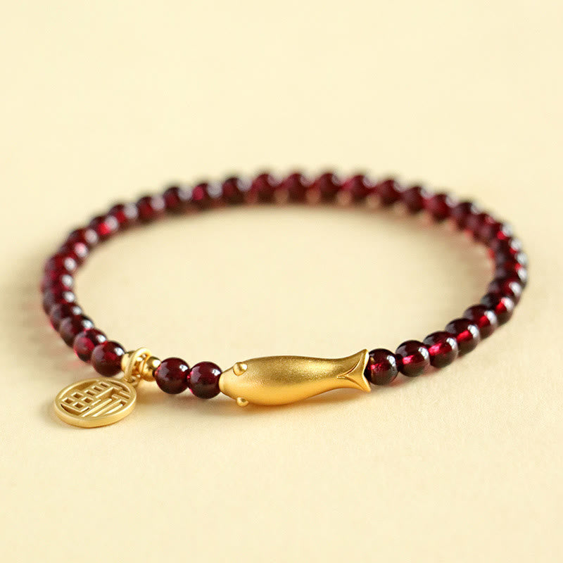 Garnet 925 Sterling Silver Fish Fu Character Purification Bracelet