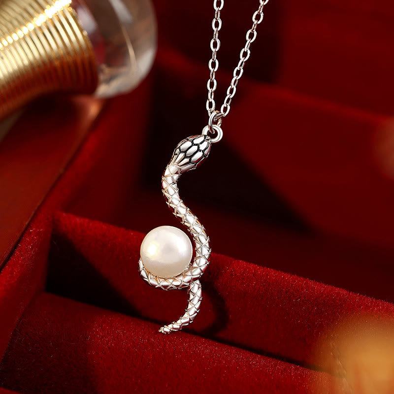 925 Sterling Silver Snake Around Pearl Year Of The Snake Blessing Necklace Pendant