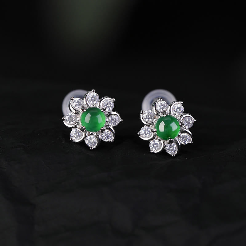 925 Sterling Silver Round Jade Flower Prosperity Earrings