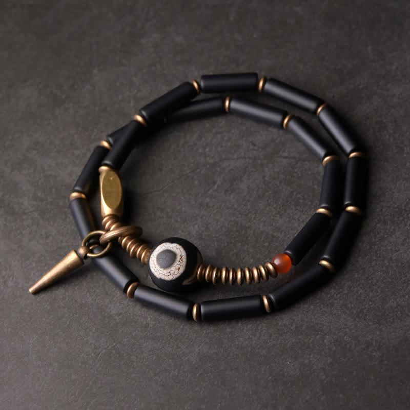 Black Onyx Copper Dzi Bead Cone Pendant Double Wrap Protection Bracelet