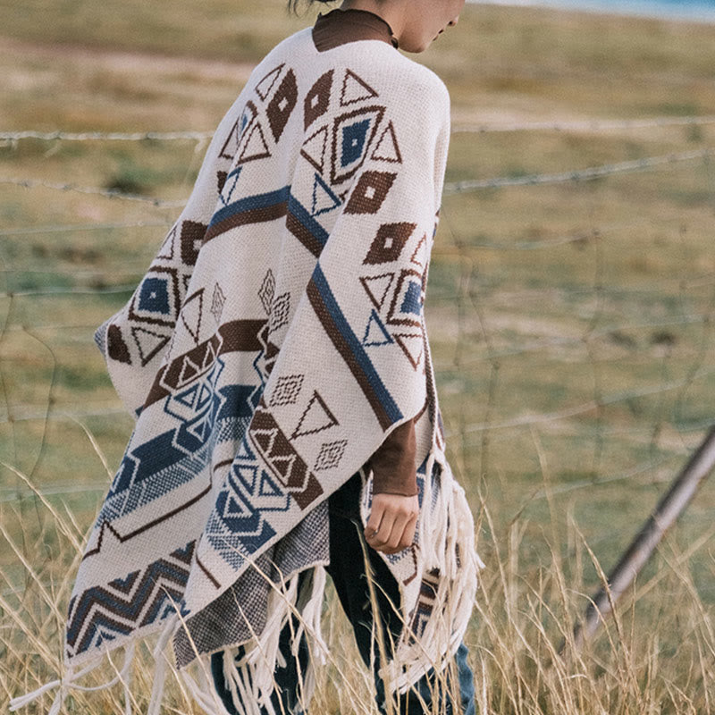 Tibetan Wave Stripe Geometry Tassels Shawl Fall Winter Cozy Scarf Wrap - Image 5