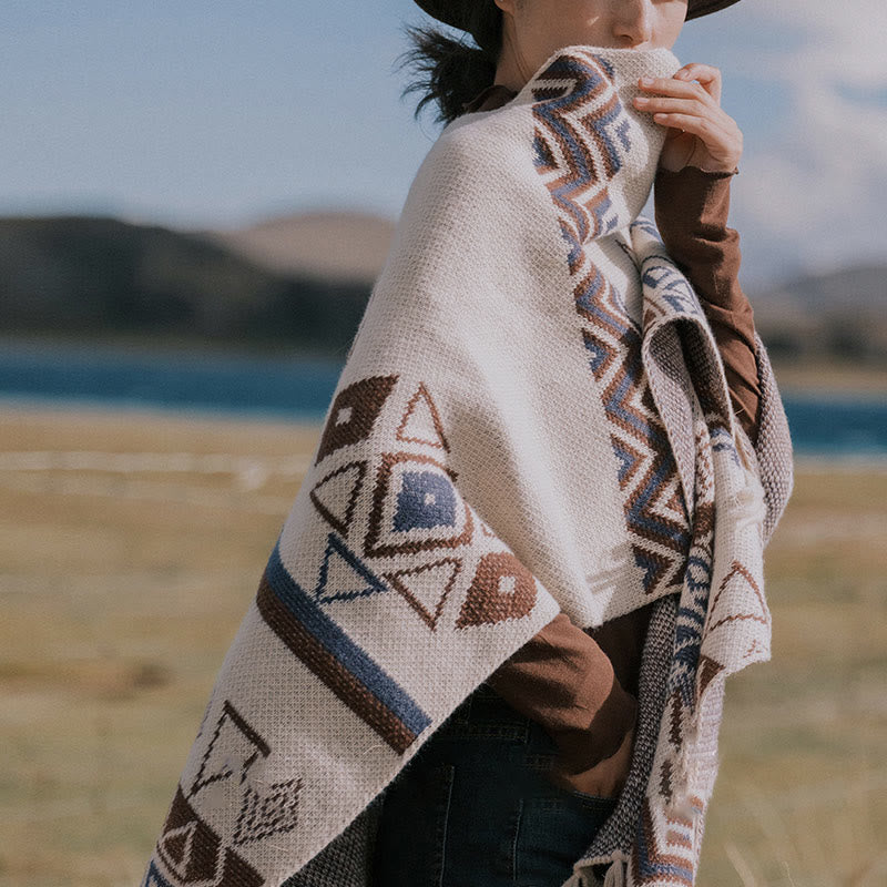 Tibetan Wave Stripe Geometry Tassels Shawl Fall Winter Cozy Scarf Wrap - Image 8