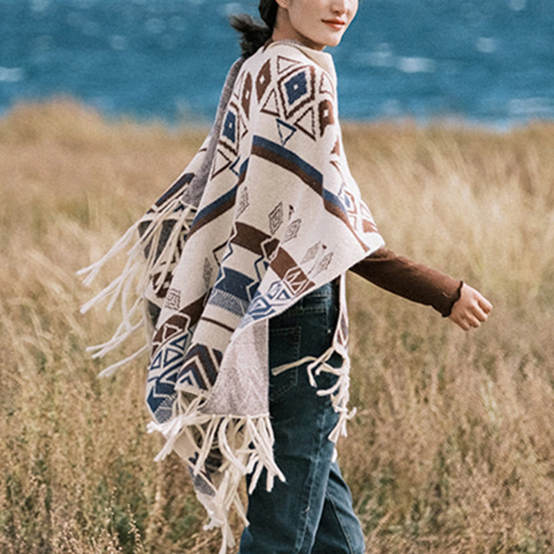 Tibetan Wave Stripe Geometry Tassels Shawl Fall Winter Cozy Scarf Wrap - Image 16