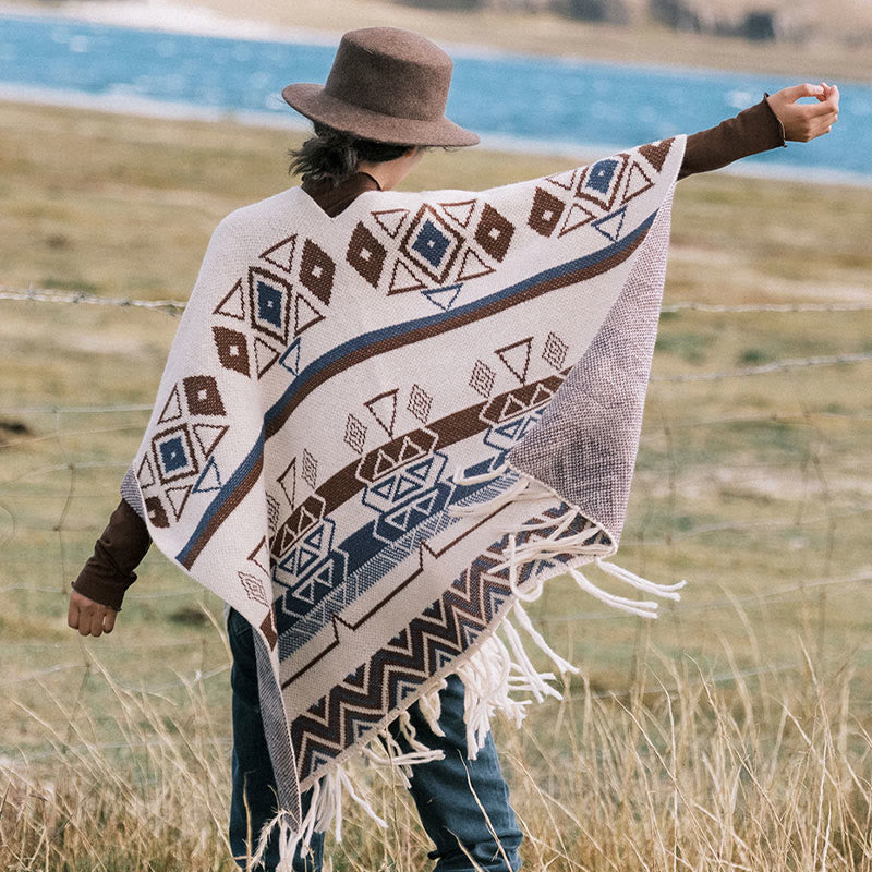 Tibetan Wave Stripe Geometry Tassels Shawl Fall Winter Cozy Scarf Wrap - Image 3