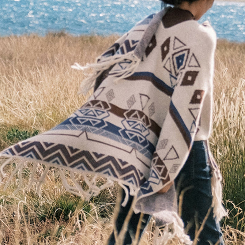 Tibetan Wave Stripe Geometry Tassels Shawl Fall Winter Cozy Scarf Wrap - Image 14