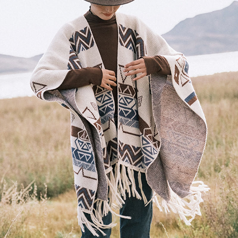 Tibetan Wave Stripe Geometry Tassels Shawl Fall Winter Cozy Scarf Wrap - Image 11