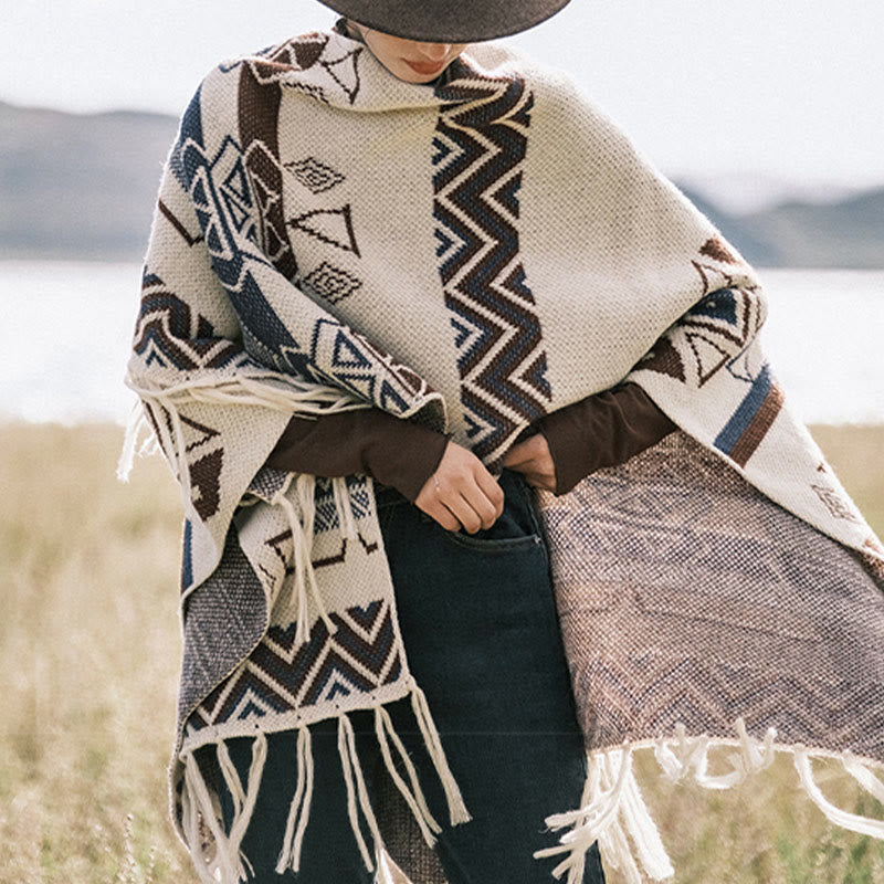 Tibetan Wave Stripe Geometry Tassels Shawl Fall Winter Cozy Scarf Wrap - Image 10