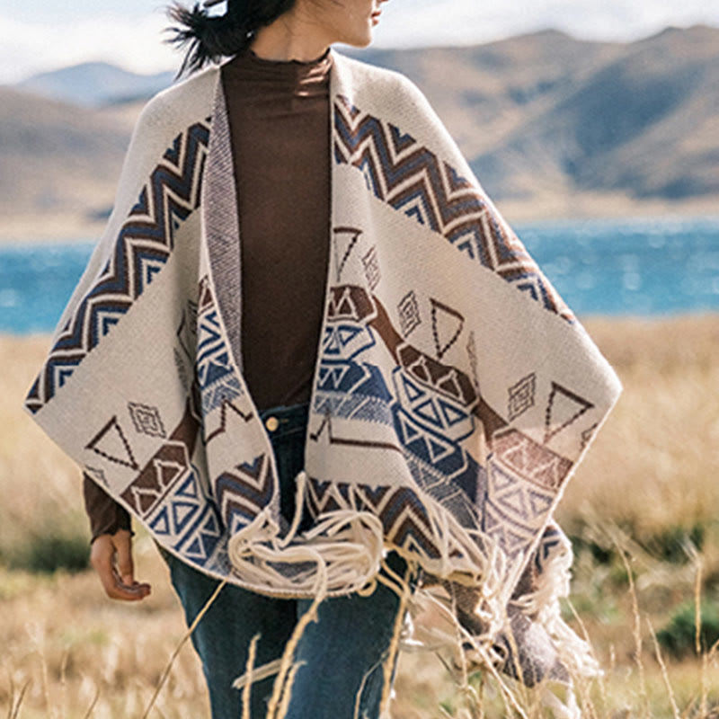 Tibetan Wave Stripe Geometry Tassels Shawl Fall Winter Cozy Scarf Wrap - Image 15