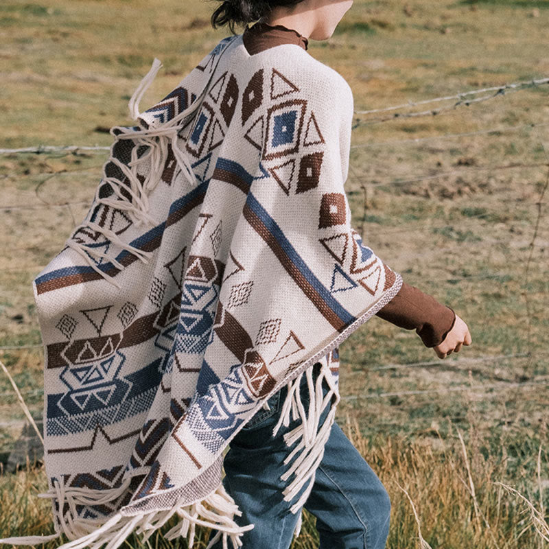 Tibetan Wave Stripe Geometry Tassels Shawl Fall Winter Cozy Scarf Wrap - Image 9