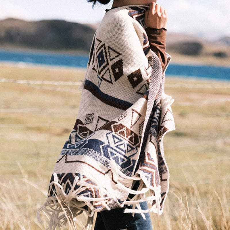 Tibetan Wave Stripe Geometry Tassels Shawl Fall Winter Cozy Scarf Wrap - Image 7