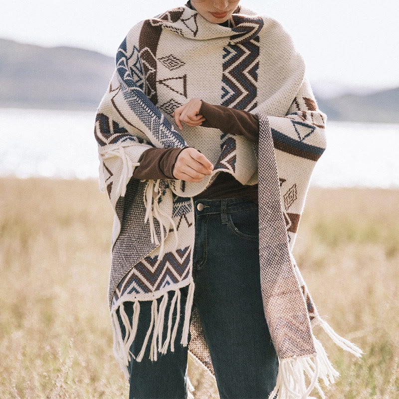 Tibetan Wave Stripe Geometry Tassels Shawl Fall Winter Cozy Scarf Wrap - Image 4