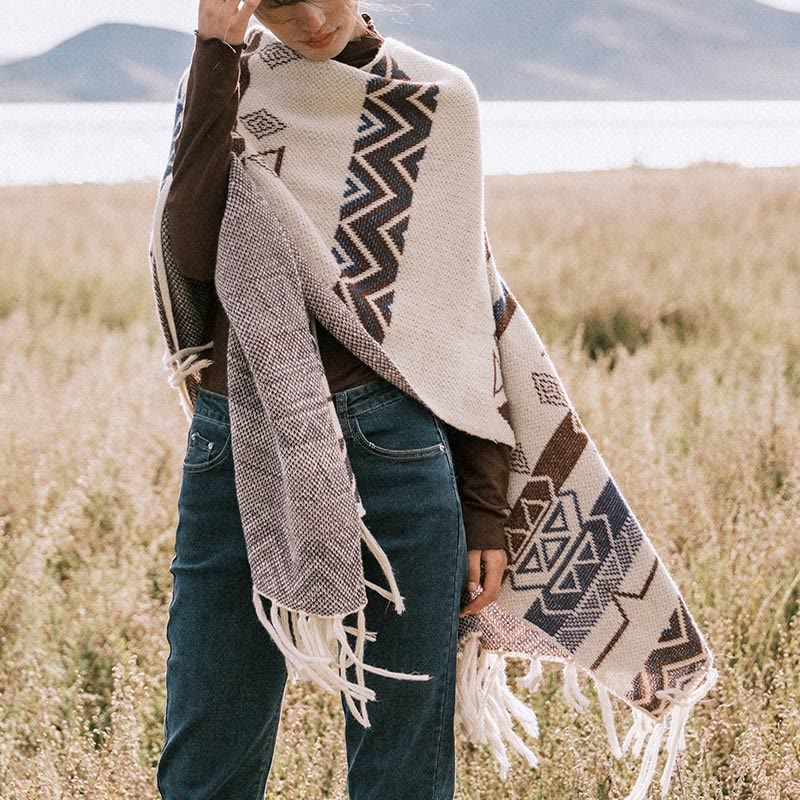 Tibetan Wave Stripe Geometry Tassels Shawl Fall Winter Cozy Scarf Wrap - Image 12