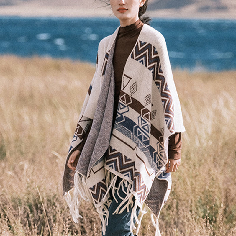 Tibetan Wave Stripe Geometry Tassels Shawl Fall Winter Cozy Scarf Wrap - Image 13