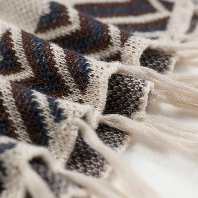 Tibetan Wave Stripe Geometry Tassels Shawl Fall Winter Cozy Scarf Wrap - Image 20
