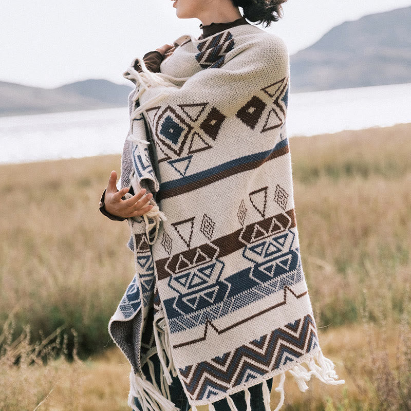 Tibetan Wave Stripe Geometry Tassels Shawl Fall Winter Cozy Scarf Wrap - Image 6